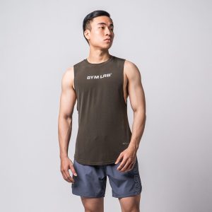 ÁO TANK XẺ NÁCH NAM – XANH RÊU – MID LOGO